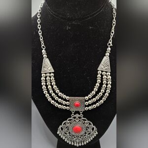 Tibetan Style Necklace w/Red Faux Stones & Ornate Silver Tone Metal Work & Beads